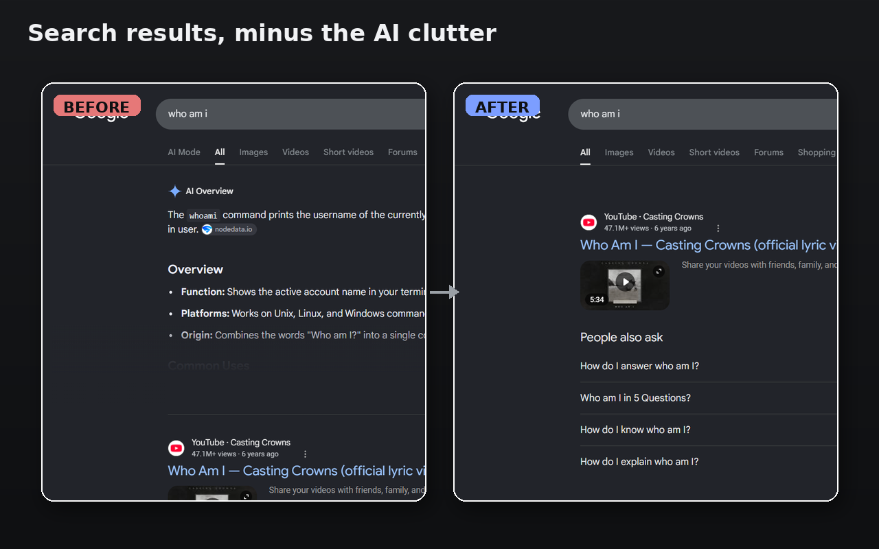 Before and after: Google Search with the AI Overview removed