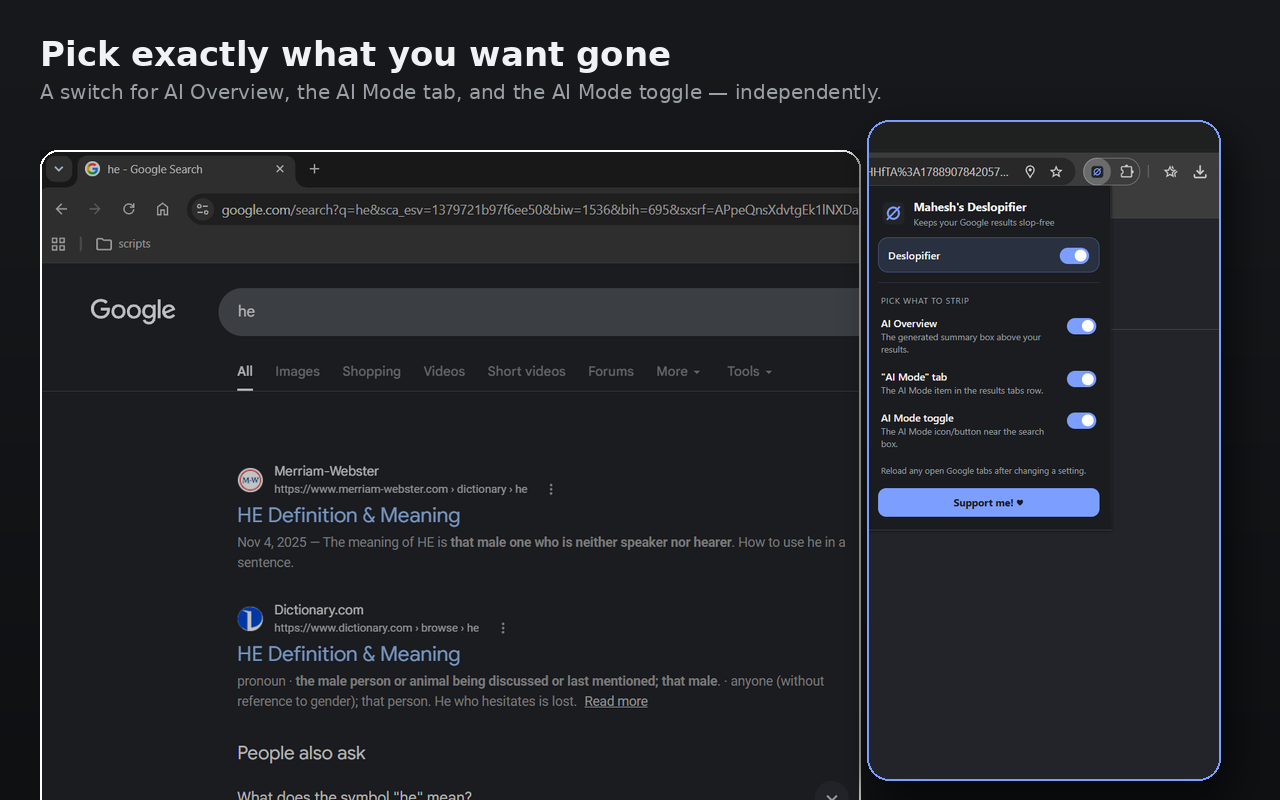 Deslopifier popup with toggles for AI Overview, AI Mode tab, and AI Mode button